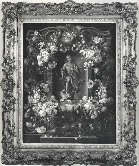 Vasari — Verbruggen Gaspar Peeter de il Giovane - sec. XVII/ XVIII - Ghirlanda di fiori con figura maschile e tritone entro nicchia con fontana — insieme